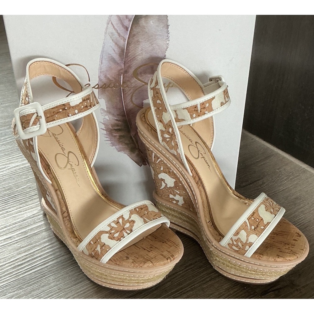 Jessica Simpson Ayala Floral Laser Cork Wedge Sandals Natural White Womens 7.5M - Picture 2 of 9